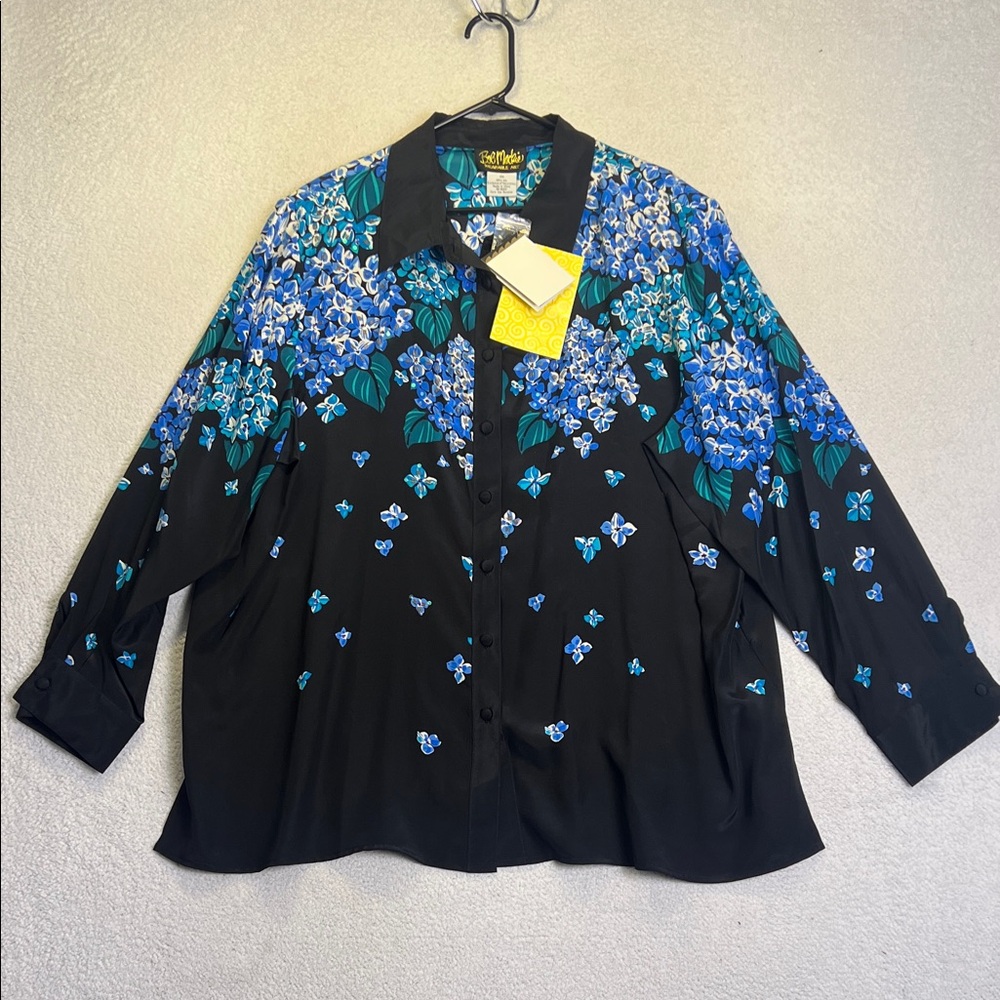 Bob Mackie 3X Floral Button Down Blouse NWT Blue Hydrangea Print Vintage Silk